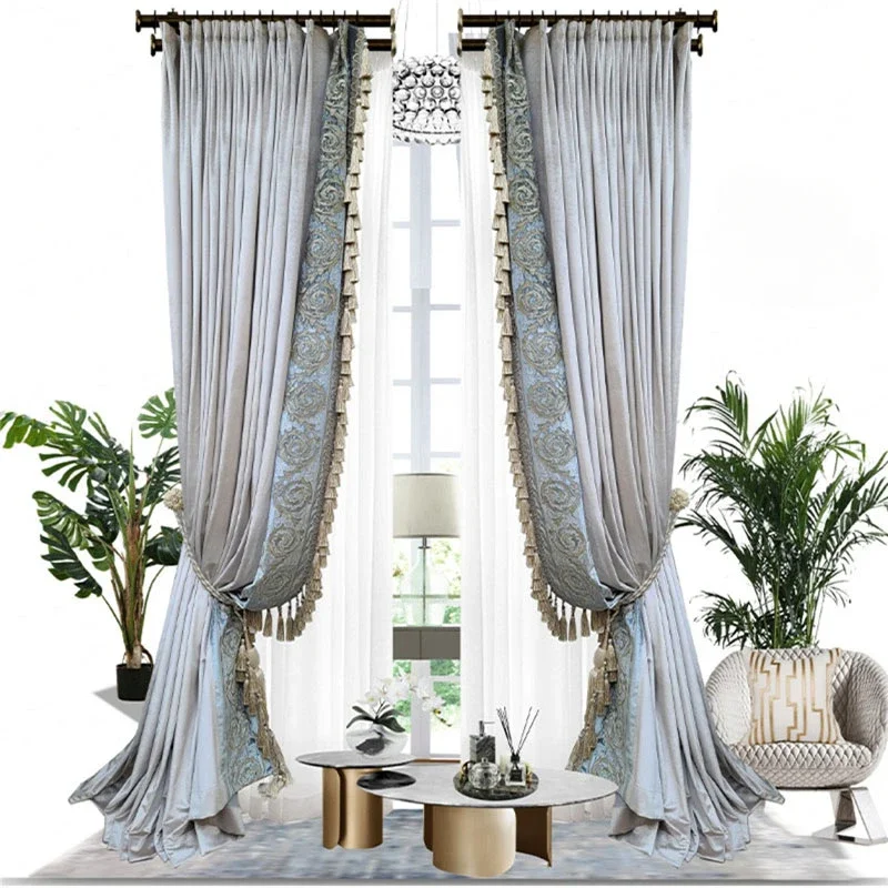 French Luxury Beige Velvet Lace Stitching Tassel Blackout Curtain for Living Room American Retro Villa Bedroom Drapes Customize