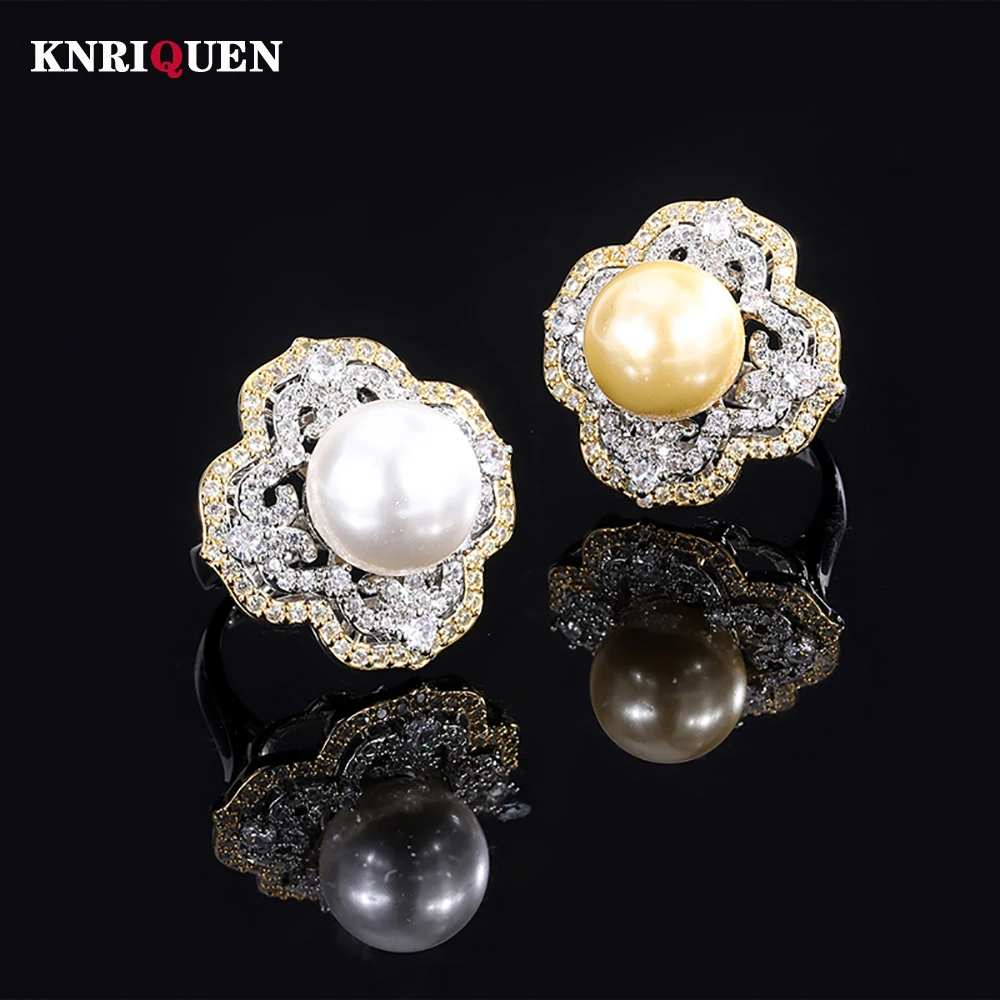 

Charms 14MM White Pale Gold Big Pearl Adjustable Rings for Women Lab Diamond Cocktail Party Fine Jewelry Anniversary Female Gift