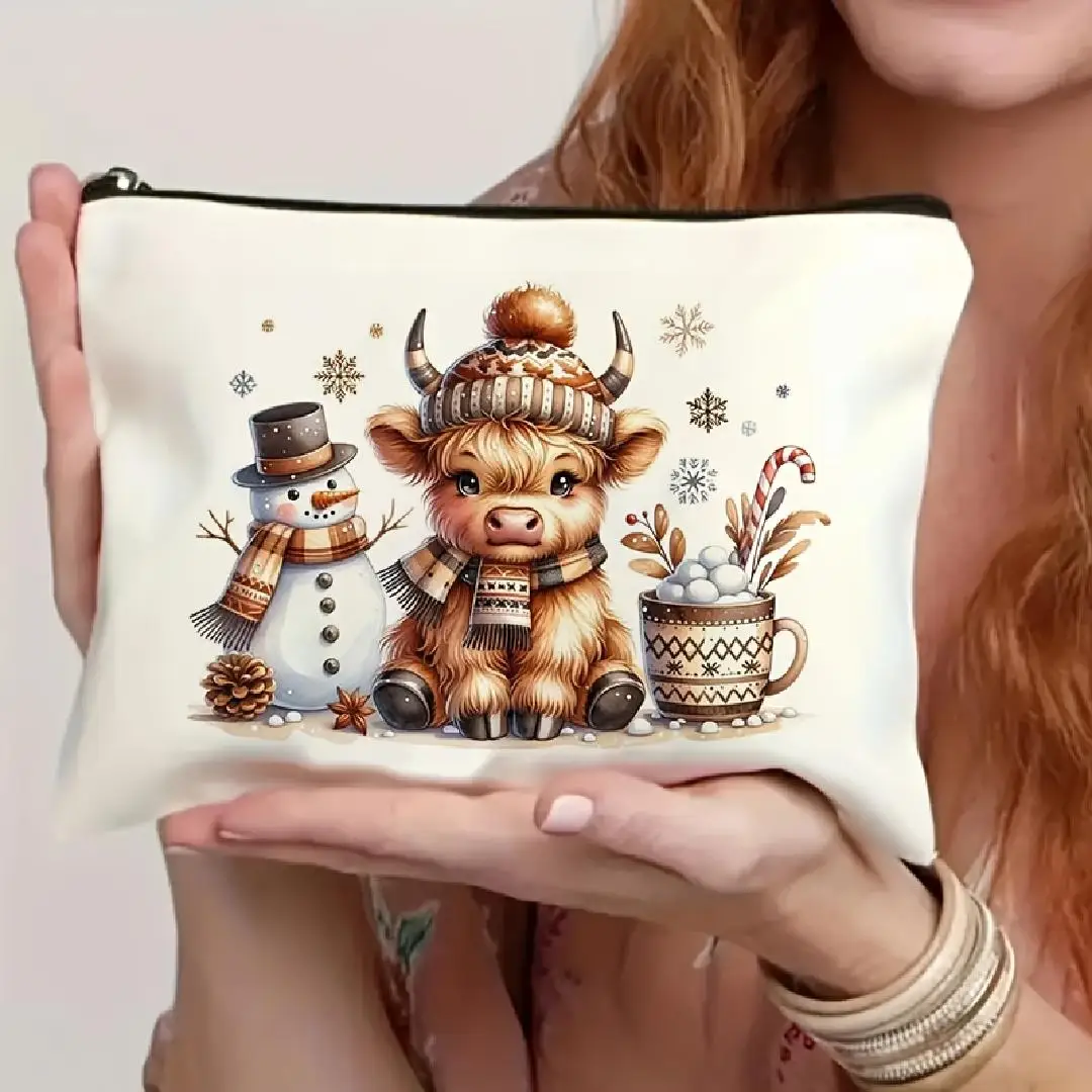 Kosmetyczka z motywem świątecznego bydła szkockiego - wielofunkcyjna saszetka na zamek błyskawiczny, etui na biżuterię, idealna podróżna mała saszetka na zamek błyskawiczny.