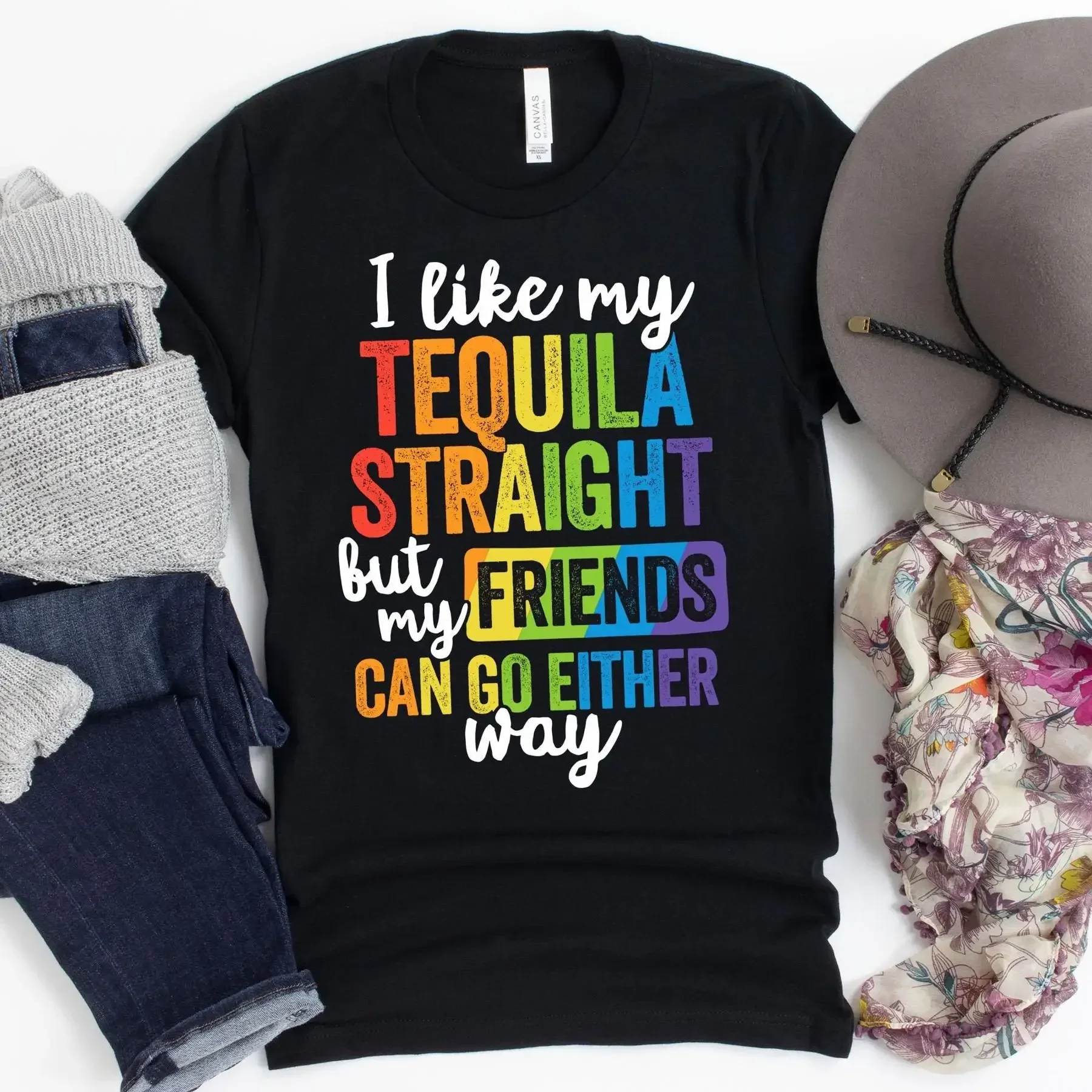 I Like My Tequila Straight But Friends Can Go Either Way T Shirt Pride Month LGBT Ally Equality Parade