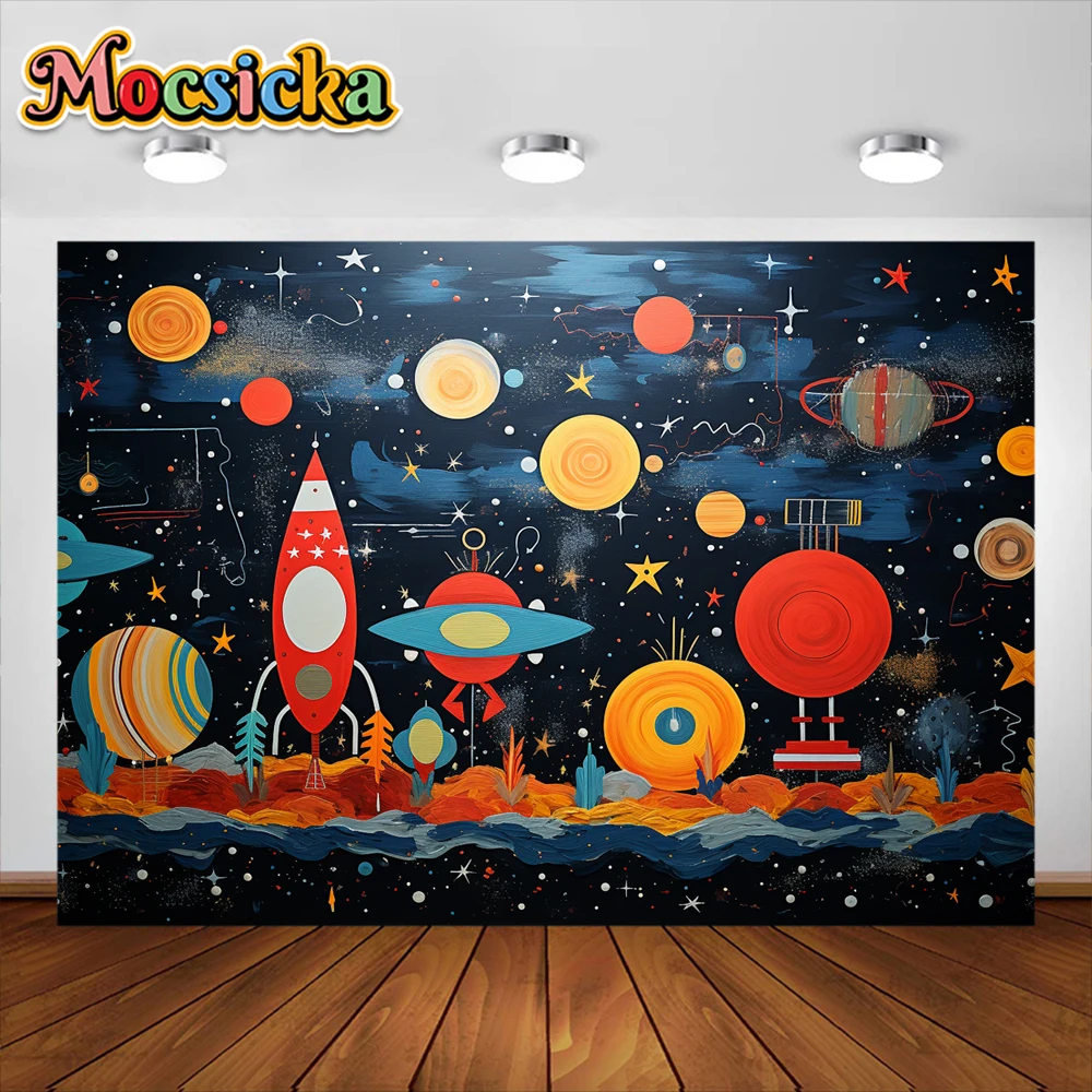 Фотофон Mocsicka Космос Вселенная Галактика Звезды ракета дети день рождения торт разбивать Декор фон фотостудия