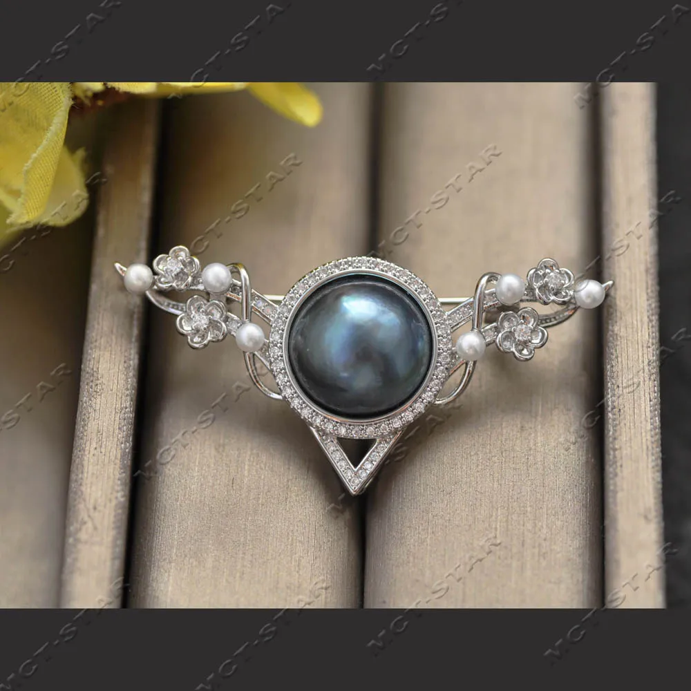Z14430 Starlight in the Dark Night 54mm Blue South Sea Mabe Pearl CZ Pendant Brooch