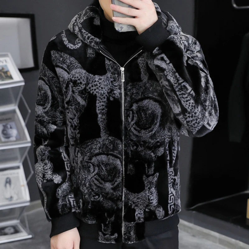 Autumn Winter New Fashion Long Sleeve Hoodies Lamb Wool Leopard Trench Men's Clothing Korean Zipper Warm All-match Trend Tops