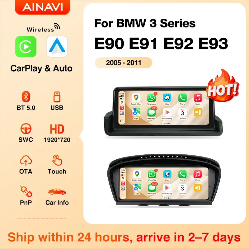 Autoradio AINAVI pour BMW série 3 E90 Carplay E91 E92 Android Auto E93 2005-2011 CCC CIC, multimédia automobile HD IPS, écran tactile BT 5.0 OTA