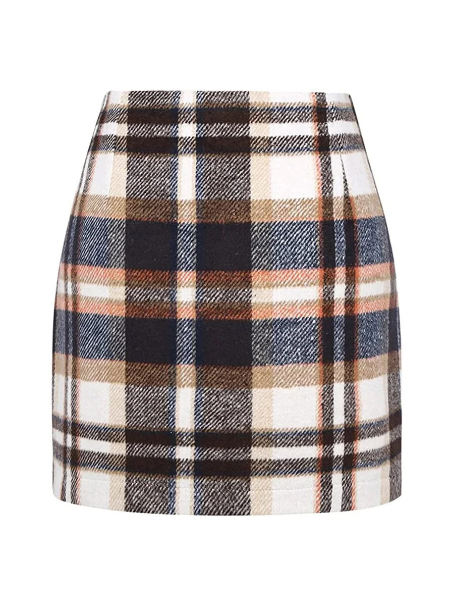 Womens High Waist Plaid Skirt Bodycon Pencil Wool Short Skirt Tartan Checked Bodycon Mini Skirts for Work Office School