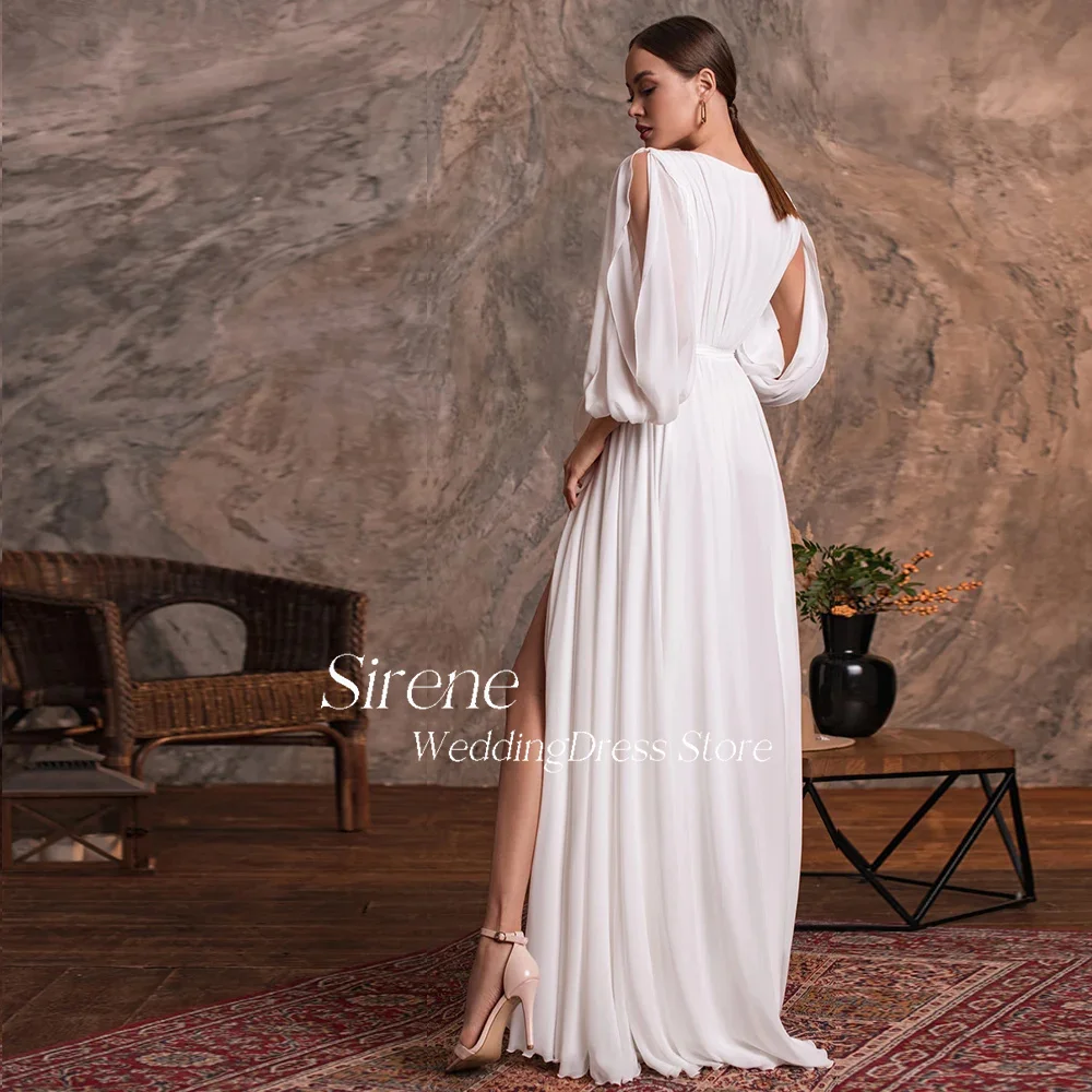 

Sirene Simple Chiffon Beach Lace Up Wedding Dress Elegant Long Puffy Sleeves V-Neck High Side Silt Robes De Mariage Custom Made