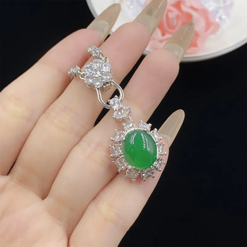 OEMG Natural Chalcedony Green Agate Three-piece Open Ring Pendant Necklace Earrings Women's Jewelry