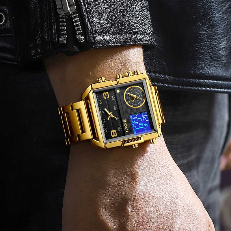 LIGE 명품 오리지널 남성 스포츠 손목시계 골드 쿼츠 스틸 방수 듀얼 디스플레이 시계 남성용 듀얼 디스플레이 시계
