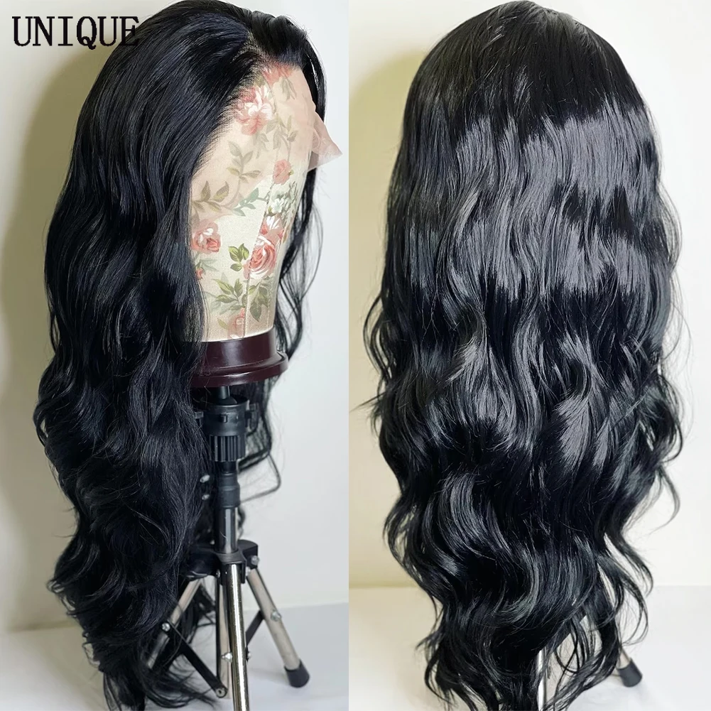 Wig depan renda sintetik gelombang rambut hitam untuk wanita Wig Frontal renda garis rambut alami pra pencabutan dengan rambut bayi