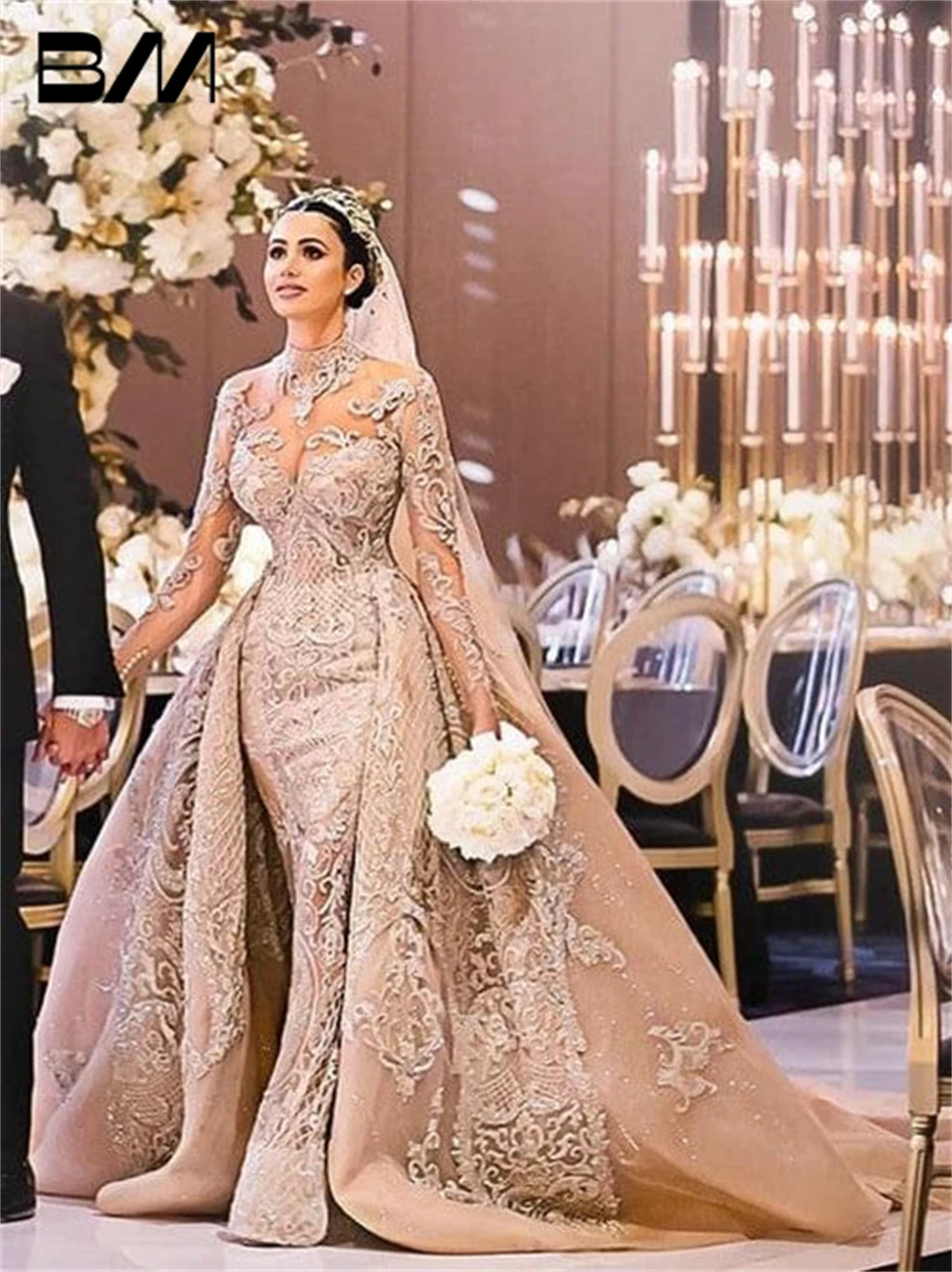 Ilusão recorte alta pescoço vestido de casamento árabe para as mulheres 2024 com trem destacável vestido de noiva de duas peças de luxo vestido de