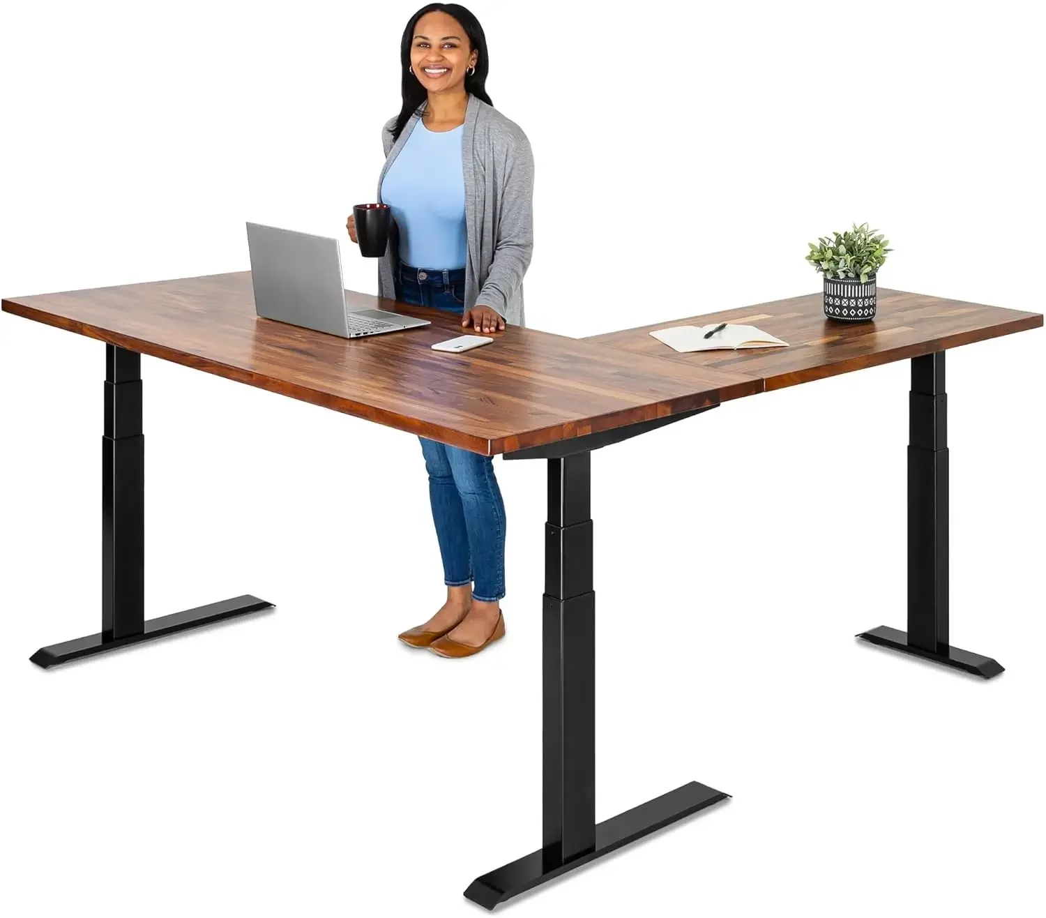 Triple Motor Electric L-Shaped Corner Standing Desk with EZ Assemble Frame (Black Frame/Solid Walnut Top, 71 inch W x 71 inch D)