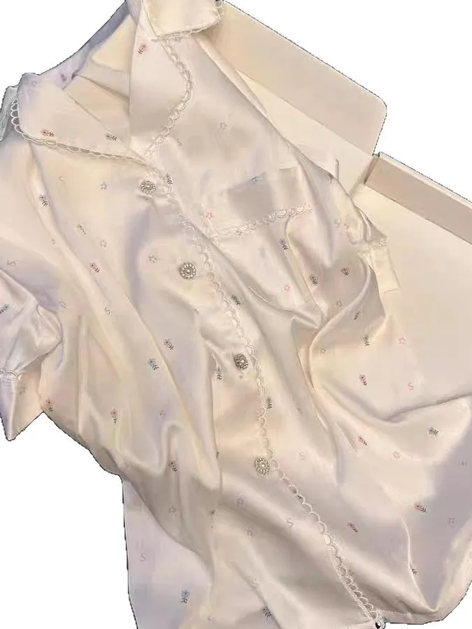 Summer Fresh Ice Silk Pajamas Korean Version of High-end Floral Short-sleeved Trousers Can Be Worn Outside Thin Loungewear Suit