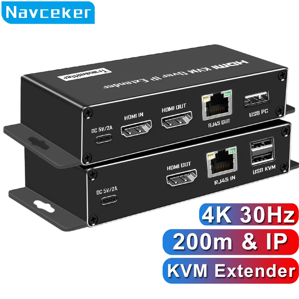 Navceker HDMI KVM 연장기 RJ45 4K 200M IP를 통한 HDMI-RJ45 이더넷 랜 네트워크 케이블 멀티 연장기 Cat5e/6을 통해 NVR용