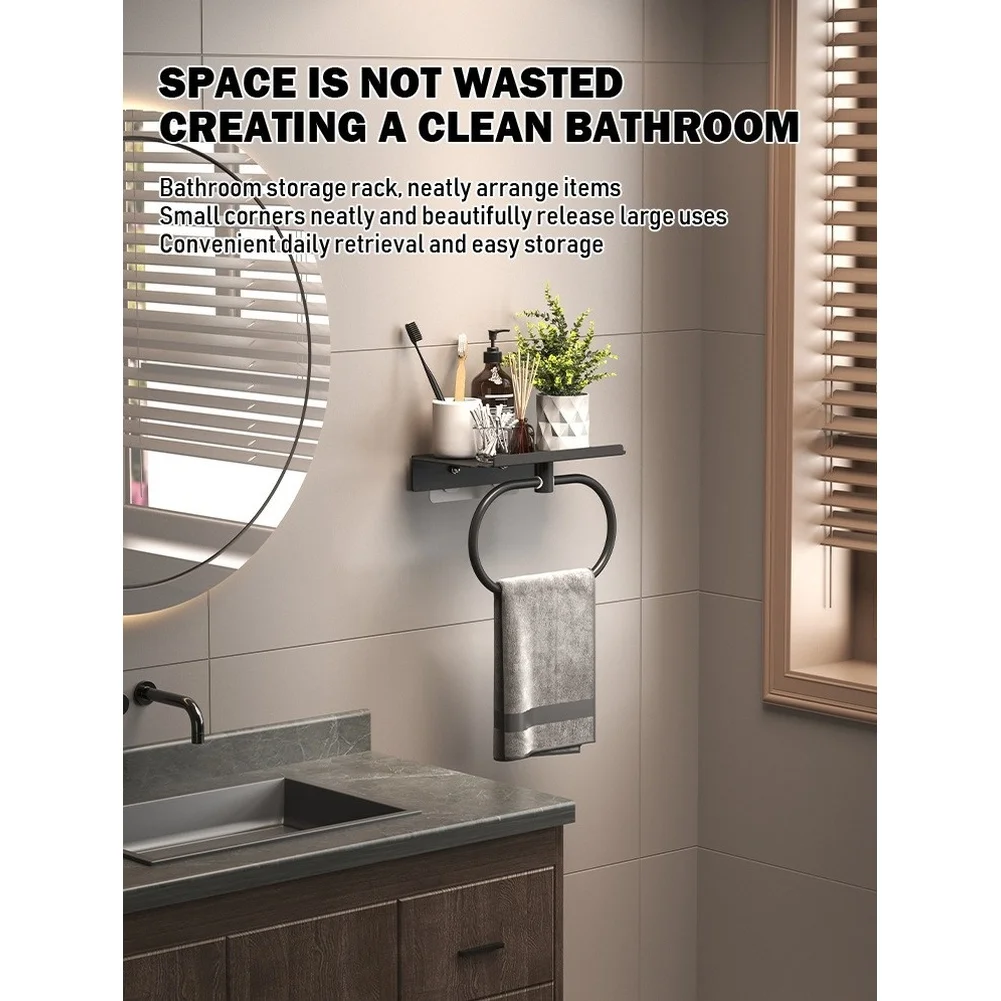 Black No Drill Towel Ring Easy Wall Mounting Solution Rust Proof Towel Rack Easy Installation Secure Placement