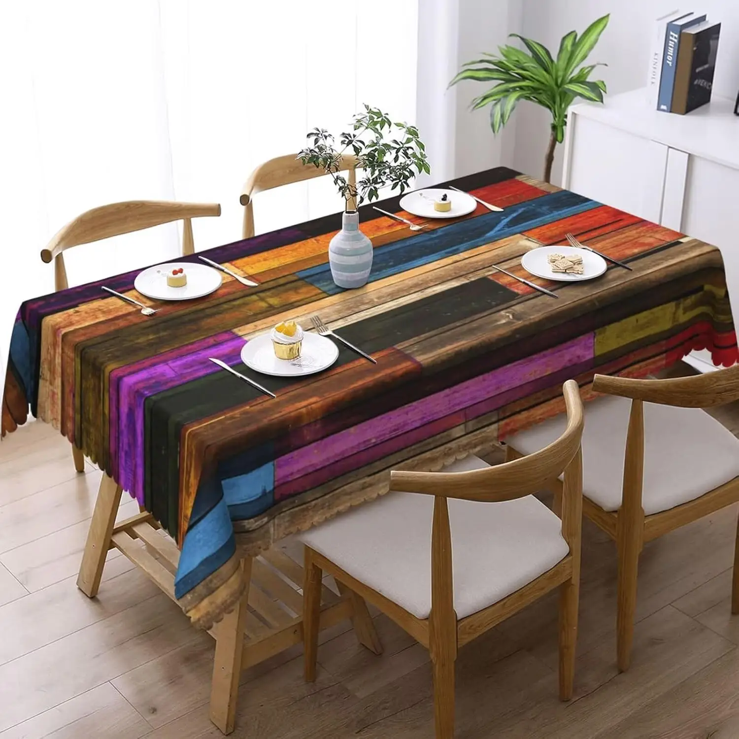 Vintage Colorful Wooden Rainbow Stripes Rectangle Tablecloth for Table Decor Washable Kitchen Dining Tablecloth Party Decor
