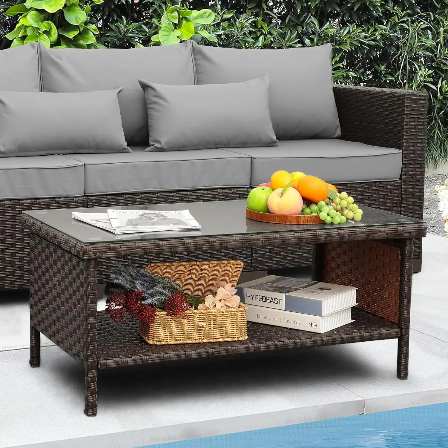 Outdoor Wicker Coffee Table Patio Furniture Garden Rattan 2-Layer Glass Table with Storage and Furniture Cover, Brown