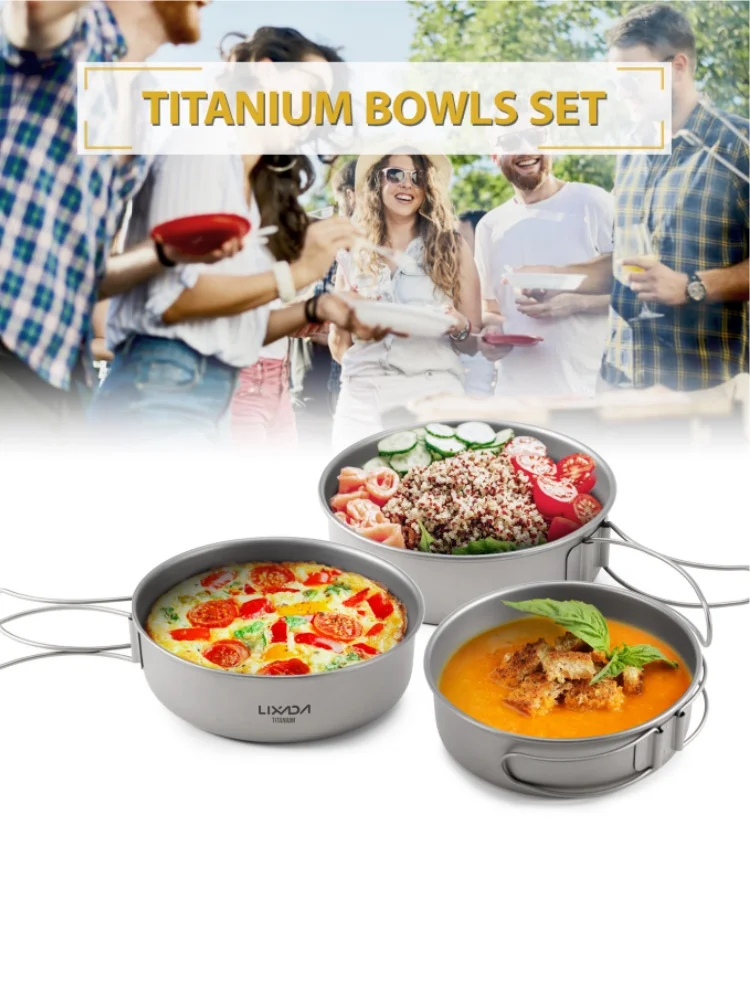 Ultralight Titanium Dinner Bowl Pan with Foldable Handles for Outdoor Camping Hiking Picnic