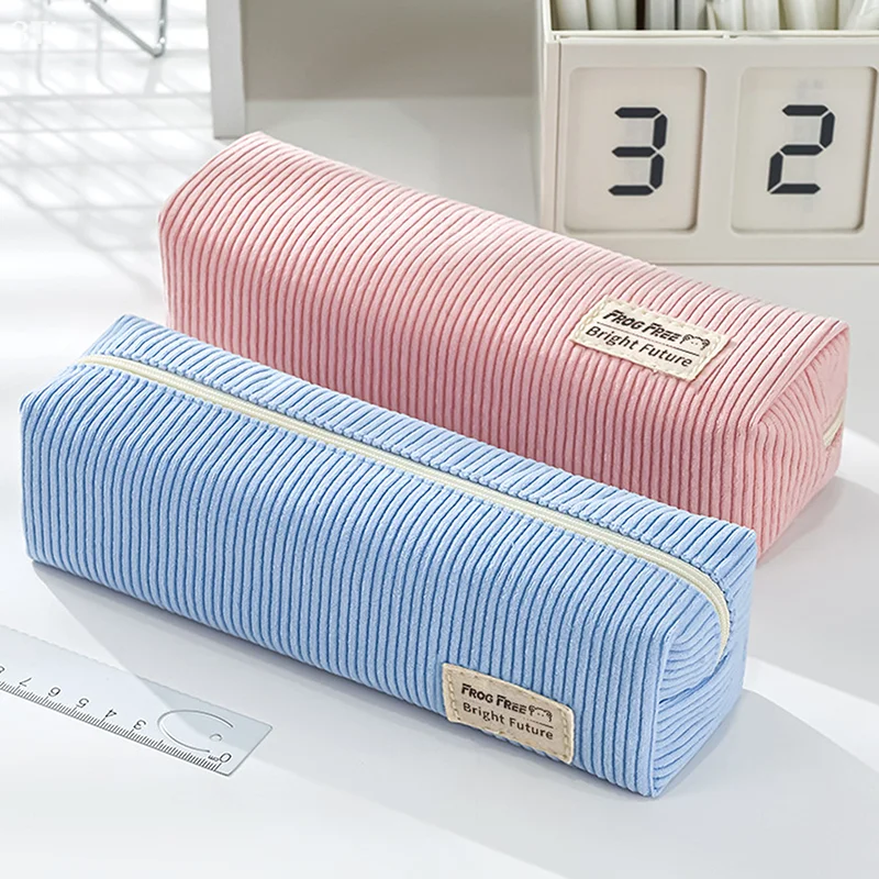 Ретро вельветовый однотонный пенал, минималистичная сумка для хранения канцелярских принадлежностей, модный пенал, большой вместительный пенал