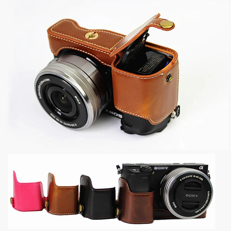 PU leather case Camera Bag Cover Pouch for Sony A6400 A6300 A6100 A6000 with 16-50mm half bottom cover With Battery Opening