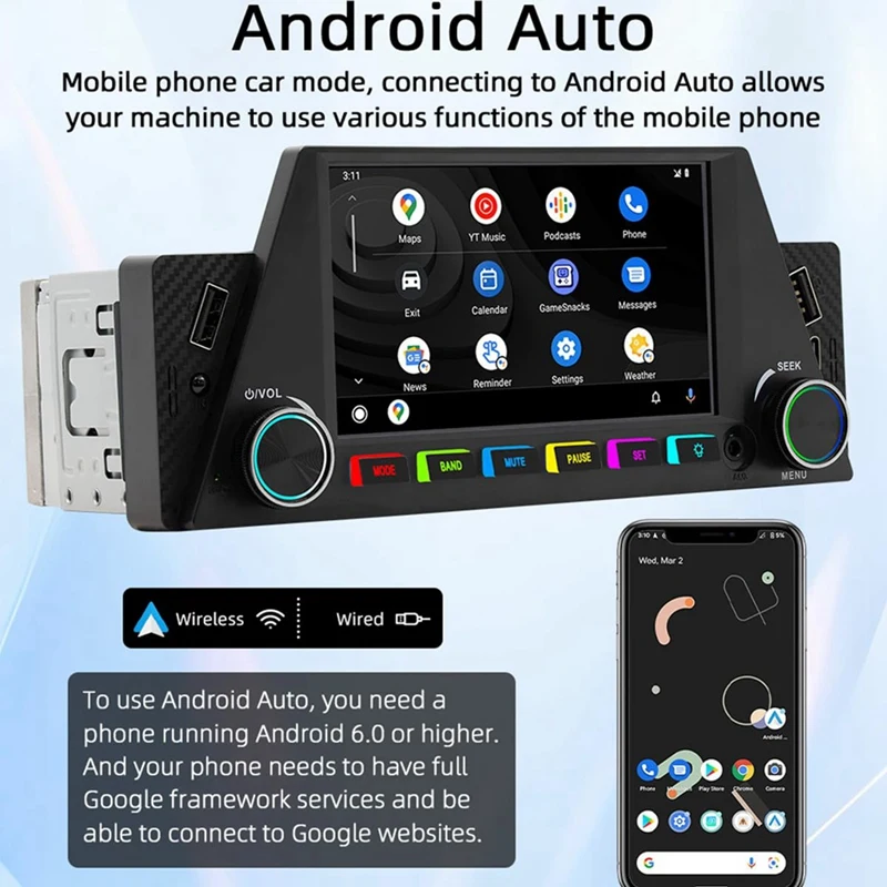 1 Din 4.7Inch Car Radio Wireless Carplay Android Auto Mirrorlink RGB BT USB Type-C Charging FM Stereo Reversing Camera