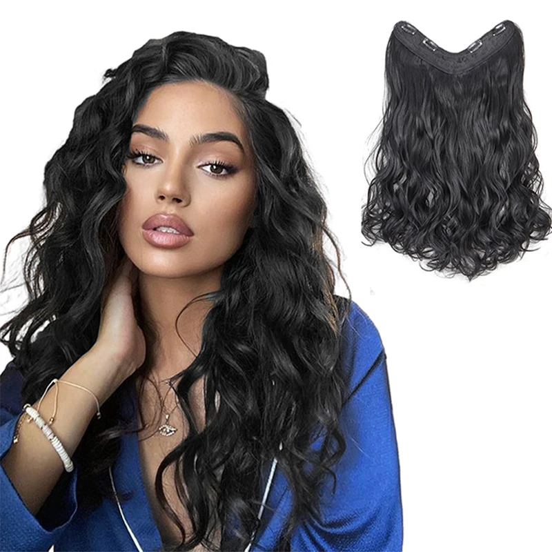 V-Shaped Clip in Hair 20 Inch Wavy Hair Piece Extensions One Piece Curly Hairpiece with 5 Clips Synthetic Clip in Hair for Women