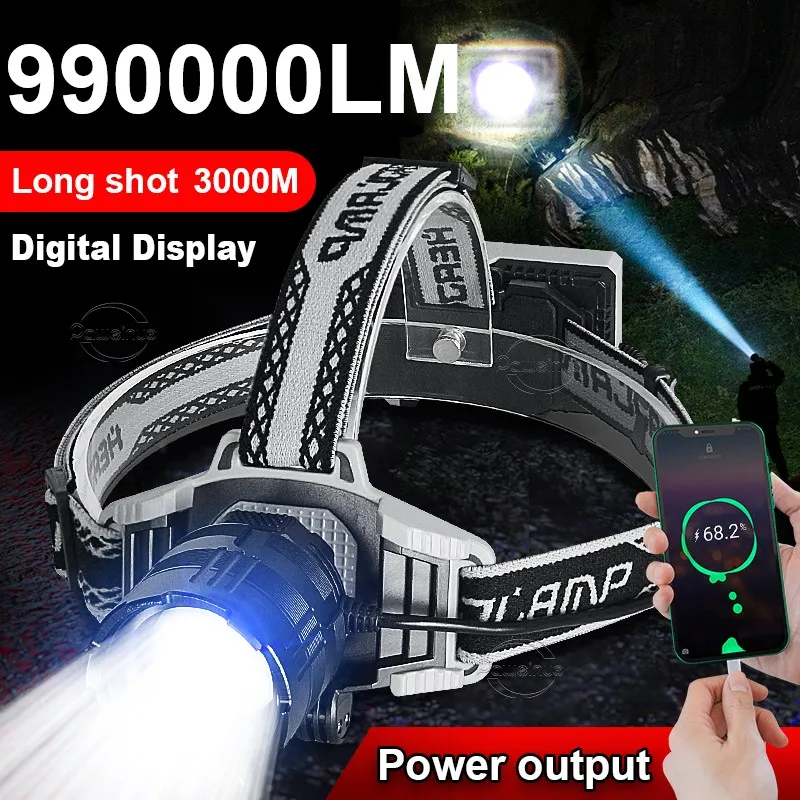 Paweinuo Super Powerful LED Headlamp Type-C Rechargeable Headlight 3000M Long Shot Head Flashlight High Power Head Lamp Lantern