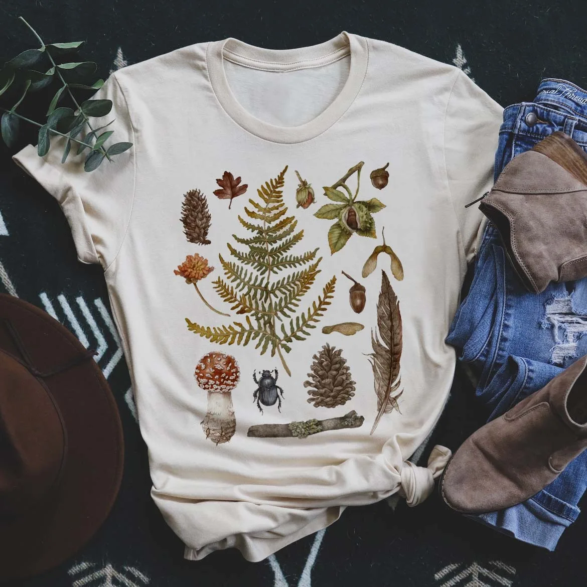 

Винтажная футболка с ботаническим рисунком для мужчин и женщин, унисекс, с принтом грибов и ведьмы, повседневные летние футболки с короткими рукавами