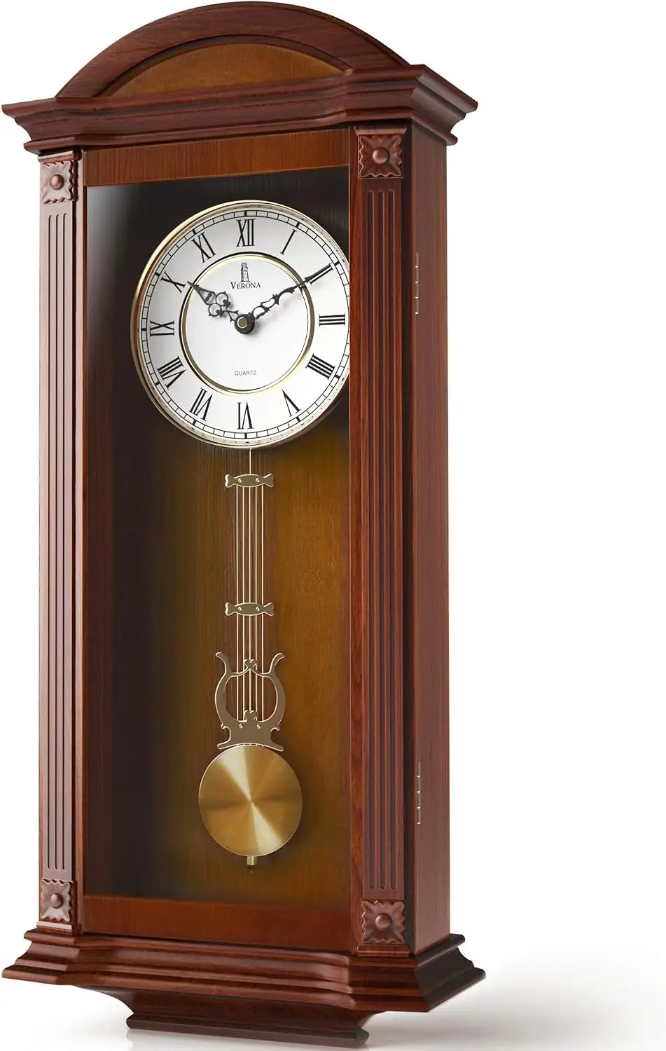 Pendulum Wall Clock, Large Hanging Wooden Grandfather Wall Clock, Quiet | Real Wood Clock 27x11, Non-Chiming Battery Operated wi