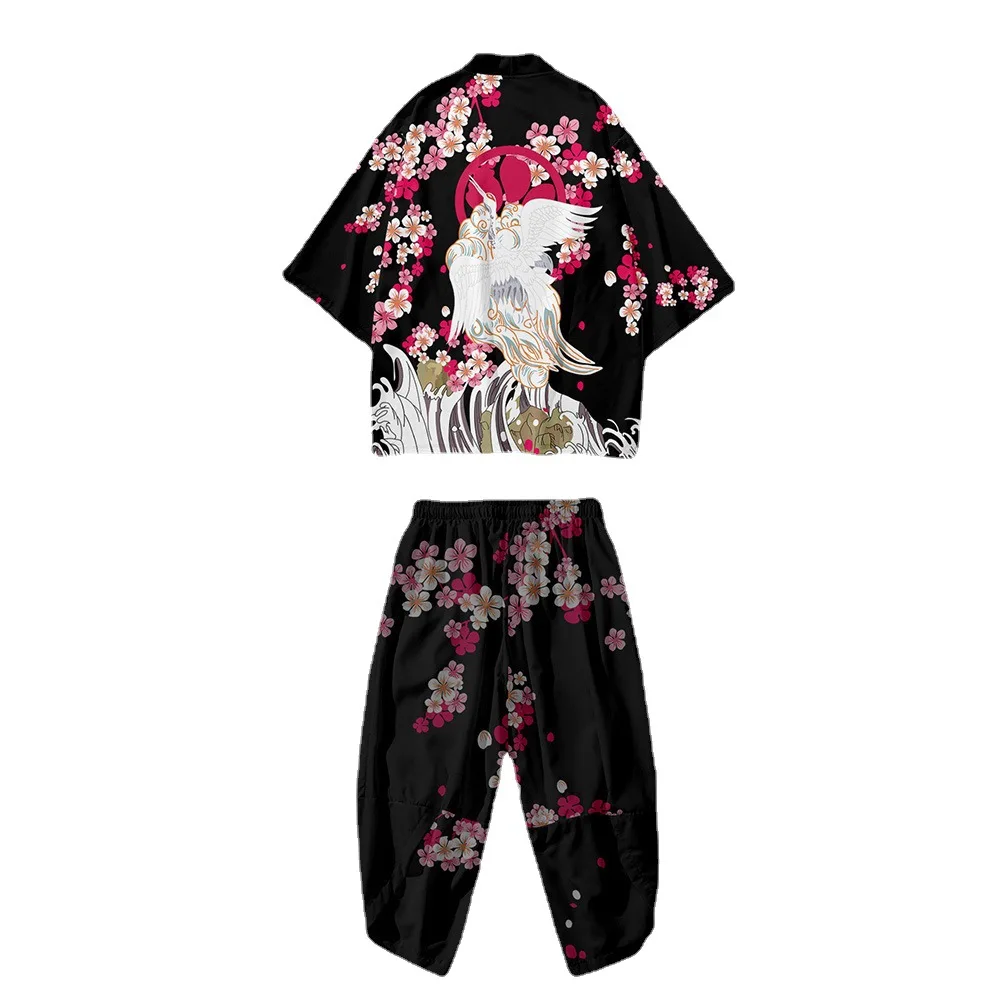 

Fashion Japanese Anime Robe Black Floral And Crane Print Cardigan Men Harajuku Cosplay Shirts Yukata Haori Kimono And Pant Set