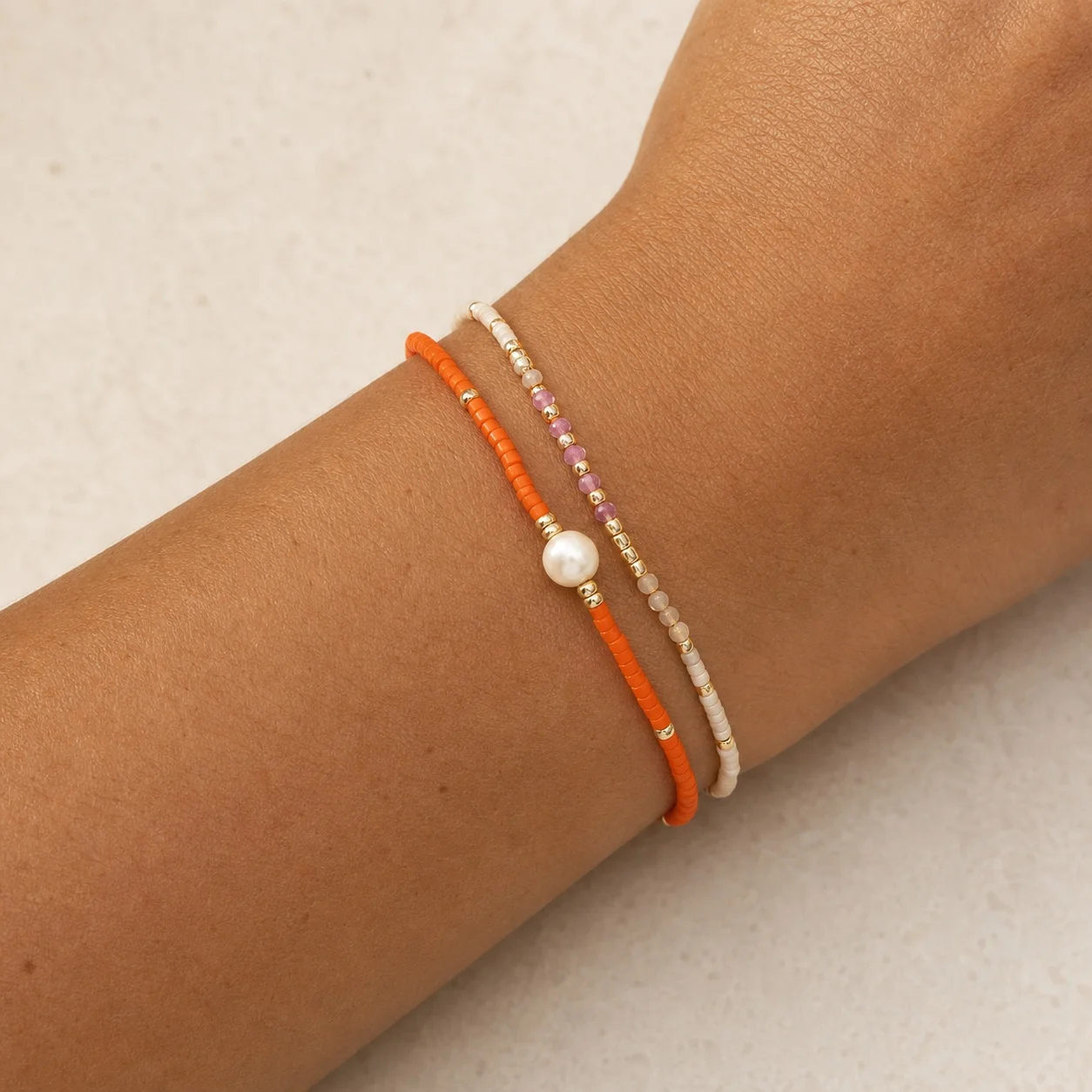 2pcs Orange and Pink Semiprecious Stone Round Beaded Adjustable Tie Closure Bracelet Boho Layered Beach Style for Women