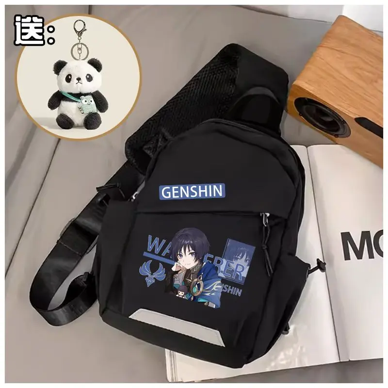 Genshin Impact For Men Women, Walnut Sports Casual Chest Bag, Canvas Single Shoulder Small Backpack, Nylon Fabric Black And A