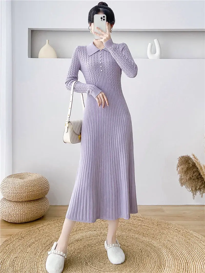 

French Elegant Slim Knitted Dress Women Autumn And Winter Doll Collar Long Sleeve A-Line Sweater Dress Sweet Femele Robes T1768