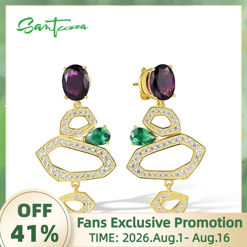 SANTUZZA Pure 925 Sterling Silver Stud Earrings For Women Purple Stones White CZ Geometric Unique Dangling Earrings Fine Jewelry