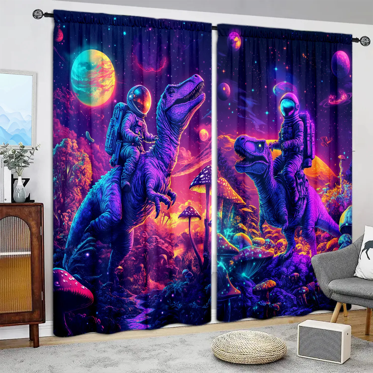 Sci-Fi Astronaut Riding Dinosaur Curtains, Neon Space Galaxy Print Blackout Drapes for Kids Room, Cool Fantasy Home Decor Window