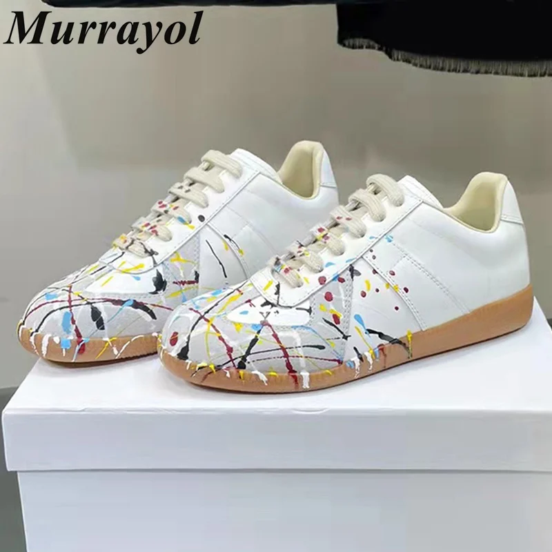 

Genuine Leather Splicing Lace-up Flat Shoes Graffiti Mixed Color Casual Shoes Four Seasons Sneakers Outwear Walking Shoes Unisex