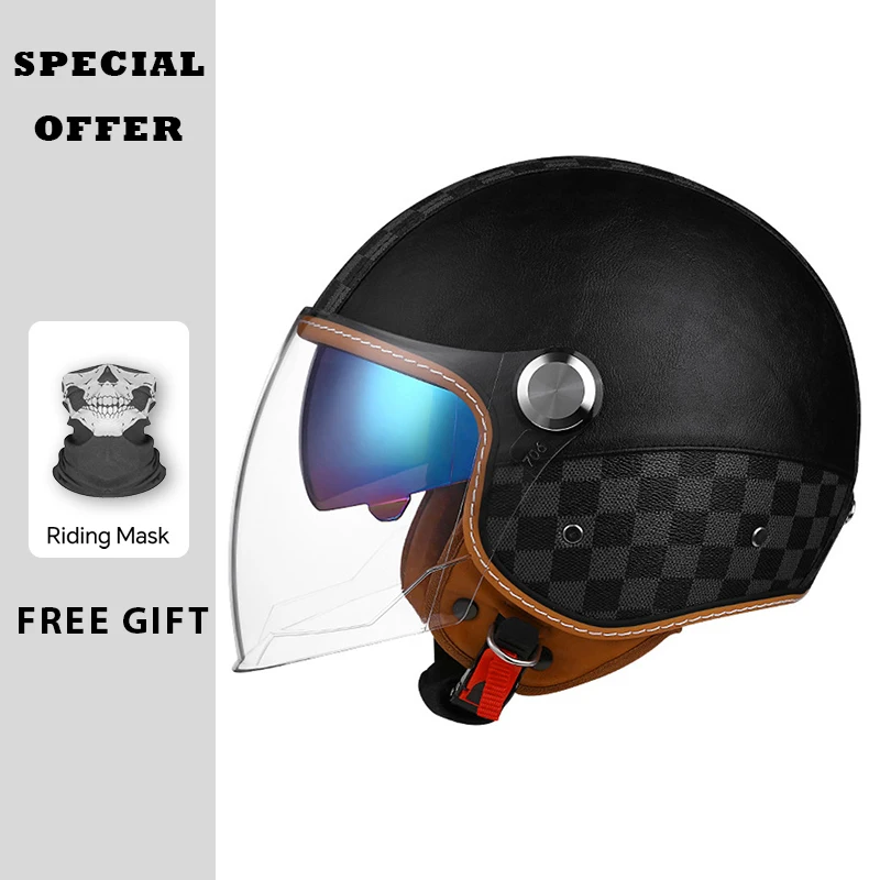 

Double Lens Jet Motorcycle Helmets Safety Black Grid Leather Retro 3/4 Open Face Helmet with Colored Lens DOT Approved