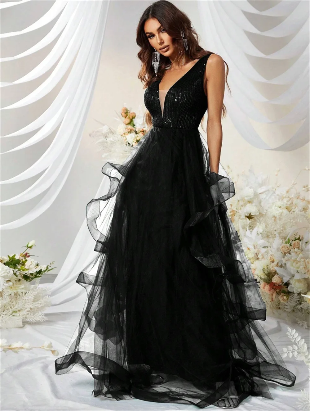 Gaun Prom payet hitam Jessica gaun malam leher-v tali spageti gaun pesta pernikahan elegan A-line Tulle فساتين semi semi semi