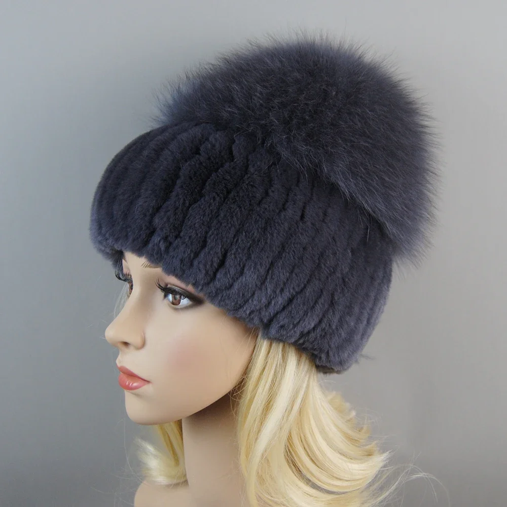 

Lady Winter Real Hat Women Warm Knitted Genuine Rex Rabbit Fur Hat Top Natural Bomber Caps Rex Rabbit Cap E3176