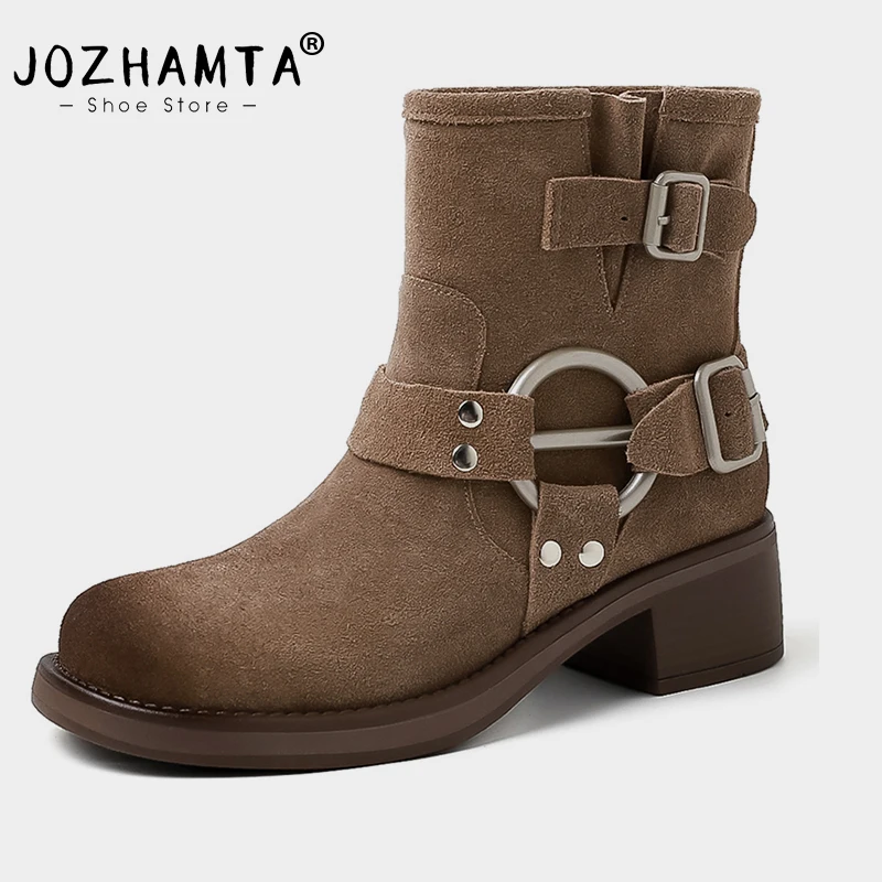 

JOZHAMTA Size 34-40 Women Ankle Boots Vintage Suede Real Leather Chunky Heels Shoes 2025 Motorcycle Riding Boots Casual Daily