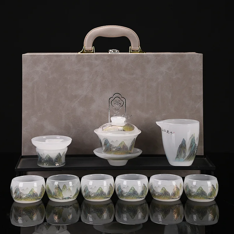 

Glass Tea Set for Home Use, Kung Fu Thousand Miles of Rivers and Mountains Ice Burnt Teapot, Jade Porcelain Three-Talent Covered