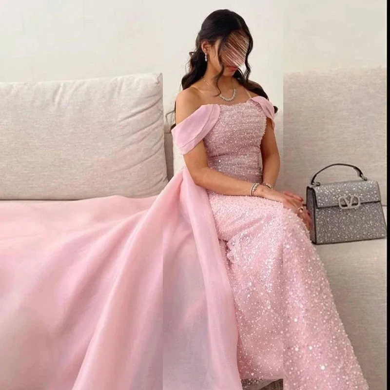 Pink Sequins Pleats Evening Dress Off Shoulder A-line Shiny Prom Gowns Tulle Custom Made for Women vestidos de festa