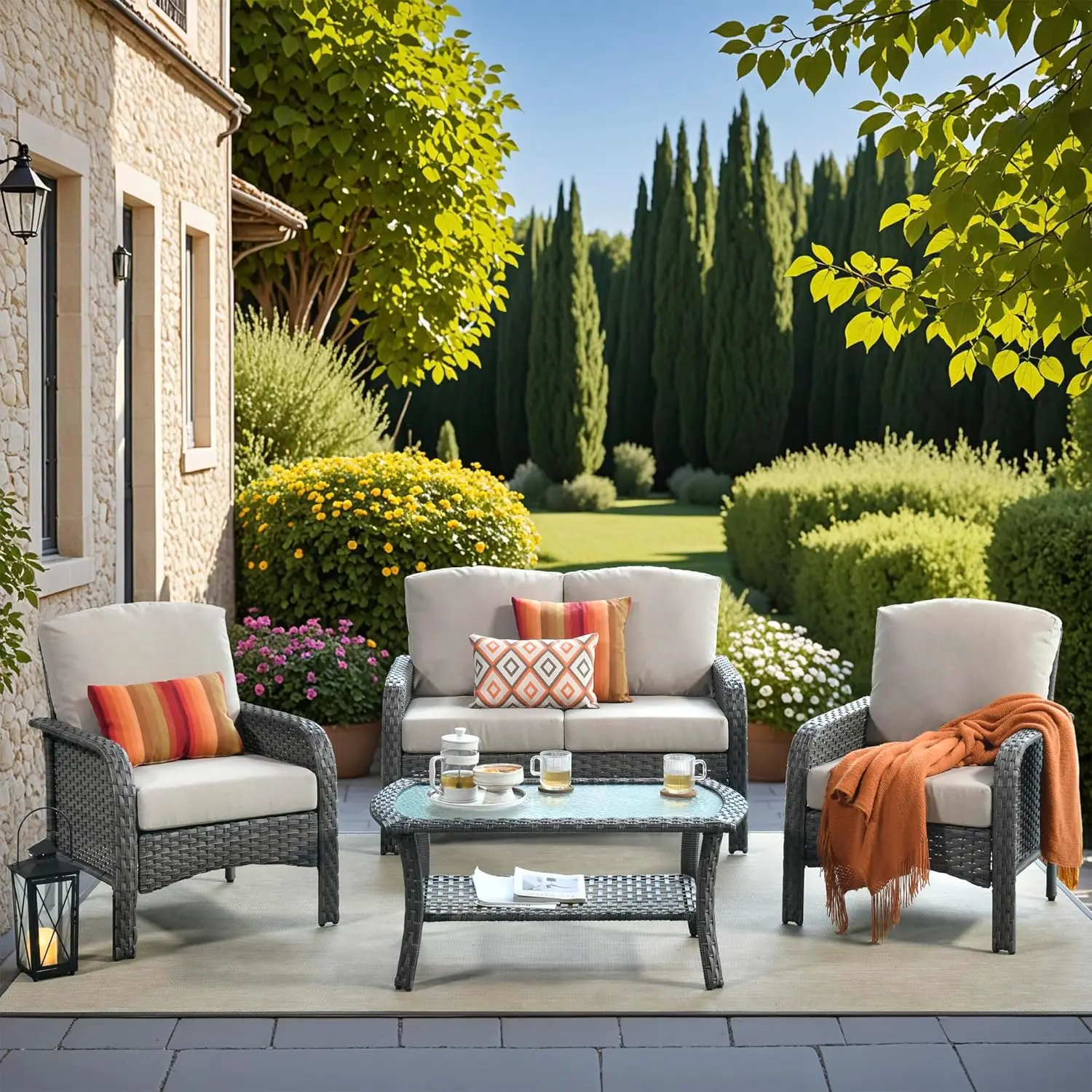 

4 Pieces Wicker Patio Furniture - All-Weather PE Wicker Outdoor Conversation Bistro Set Loveseat Chairs With, Customized