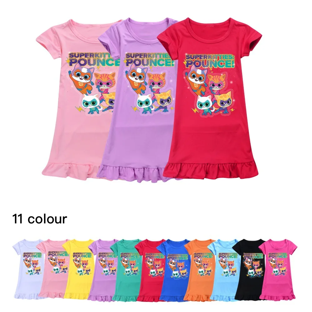 

Superkitties Clothes Kids 2024 Summer Pajamas Dress Baby Girls Short Sleeve Nightgown Children's Cartoon Super Kitties SleepWear