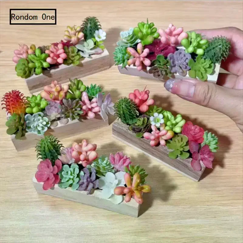1Pc Random Dollhouse Miniature Succulent Wooden Trough Green Plant Pot Model Micro Landscape Decor Ornaments Pretend Play Toys