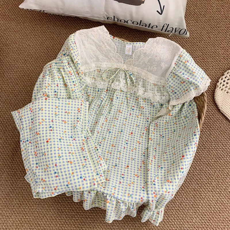 

Korean Casual Lace Design Homewear Plus Size 2 Piece Suit Sweet Cute Print V-neck Women's Pajamas Set Autumn Winter New Pajamas