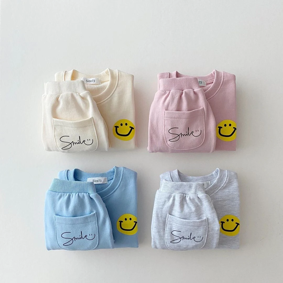 Korea Baby Boy Clothes Set Toddler Kids Clothes Cute Smiley Print Mock 2pcs Sweatshirt + Jogger Pant Baby Girl Tracksuit Outfits