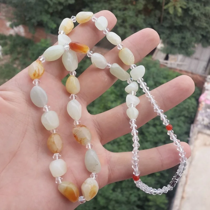 

Ожерелье из нефритовых бусин Хотан с кожаным элементом, каменные бусины, шнурок для кулона, для мужчин и женщин