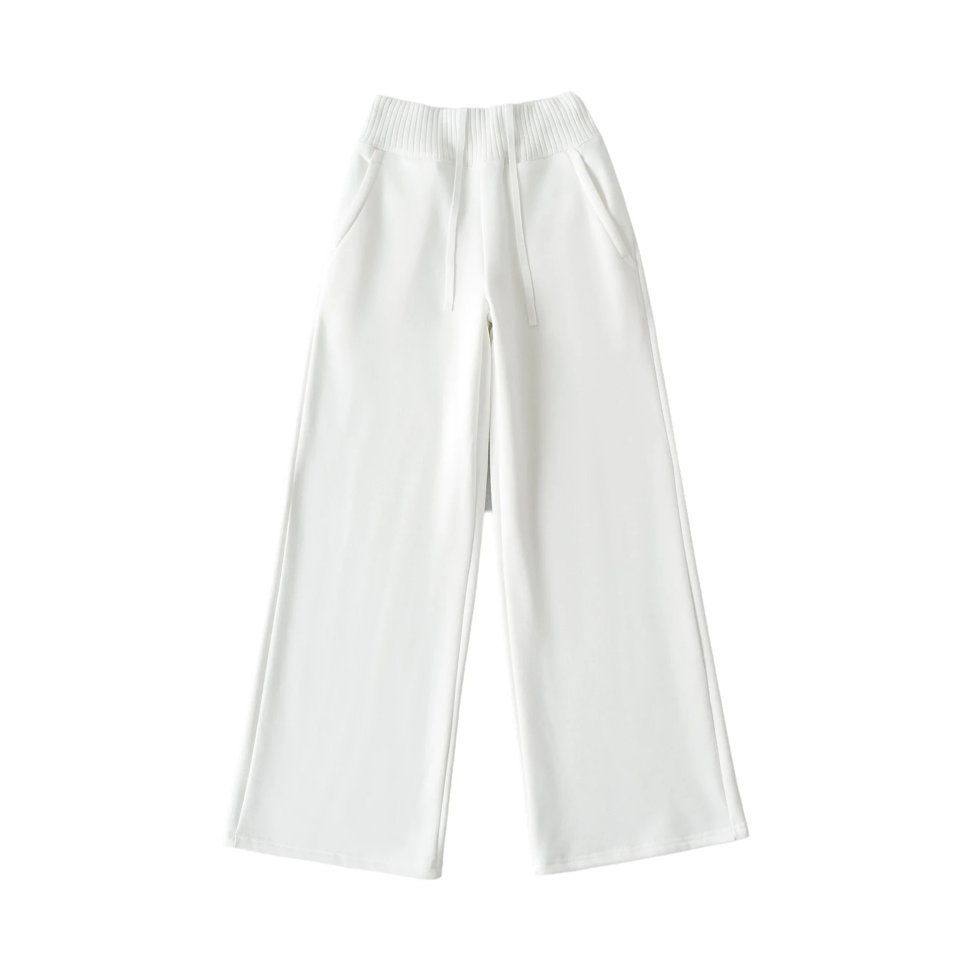 Winter Korean Style High Waist Leg-Lengthening Smooth Surface Spliced Knitted Waist Fleece-Lined Sweatpants Wide-Leg Casual LG4S