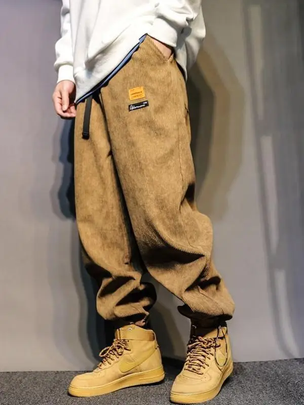 

plus Size American Retro Corduroy Thiened Fce Dstring Trousers Men's Winter Warm Casual Pants Loose Fit Straight Leg