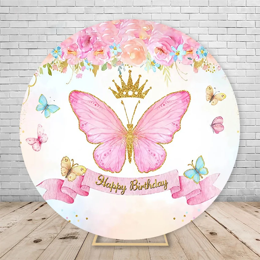 Girl\'s Birthday Round Backdrop Cover Butterfly Flowers Party Decor Baby Shower Photography Backgrounds For Photo Studio